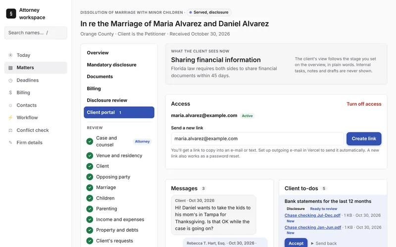 The firm's view of a client's portal access, messages and to-do list with uploads to accept