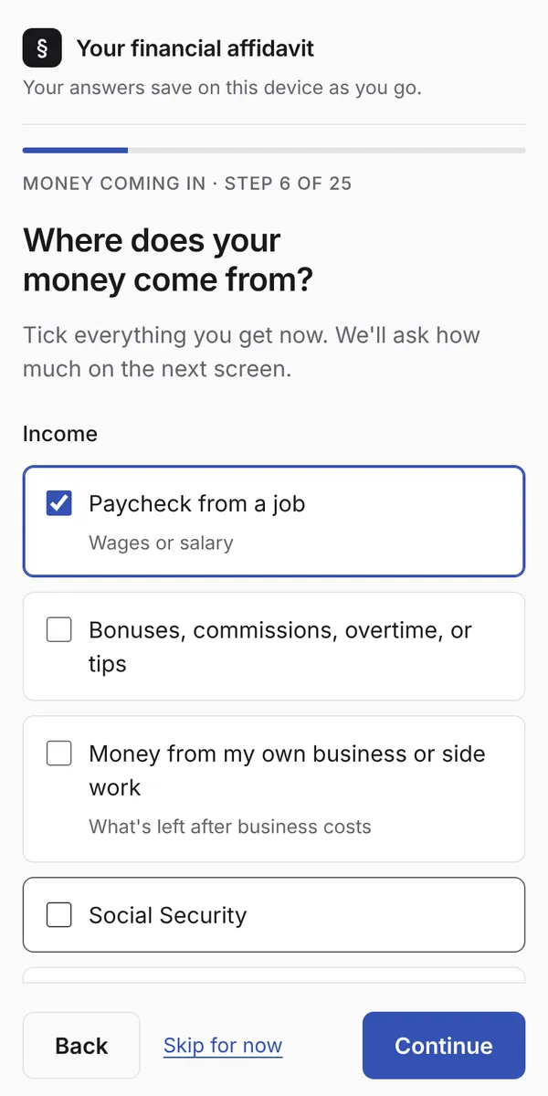 Financial walkthrough step where the client ticks their sources of income