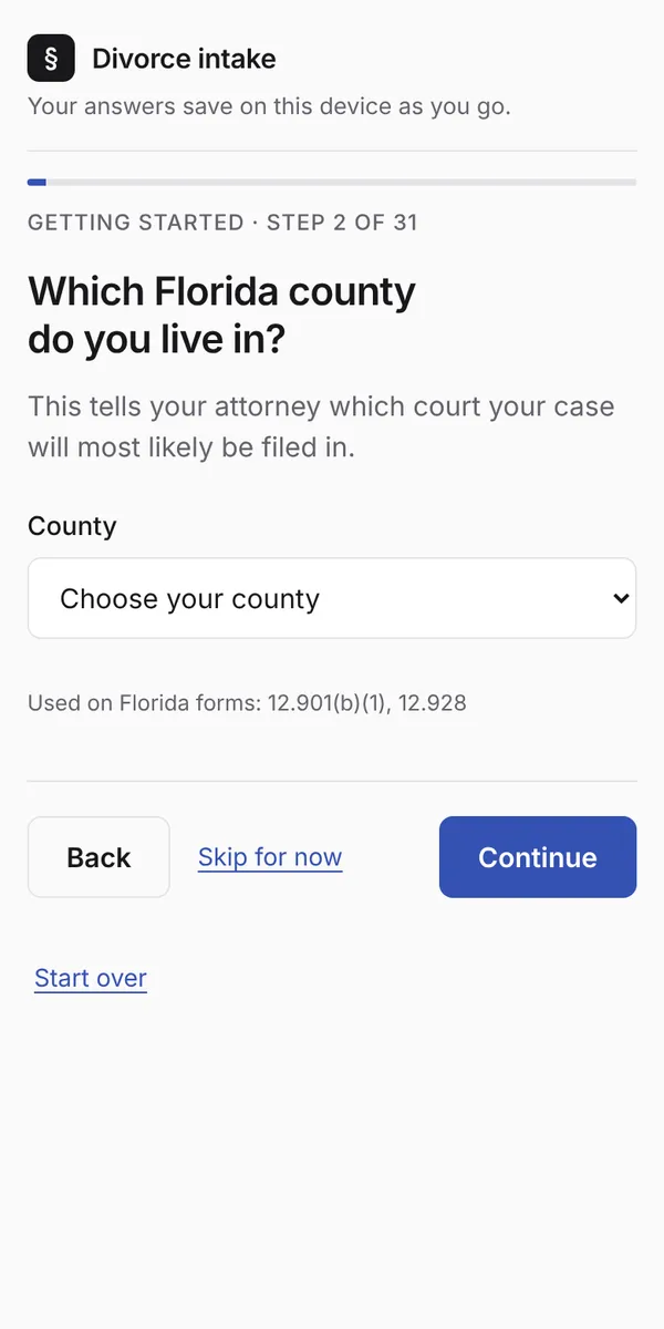 Intake step asking which Florida county the client lives in