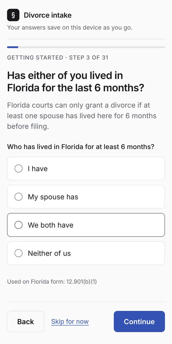 Intake wizard step asking which spouse has lived in Florida for six months