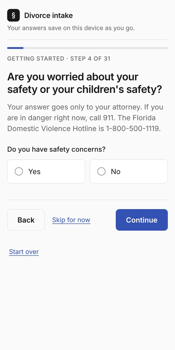 Intake step asking about safety concerns, with hotline information