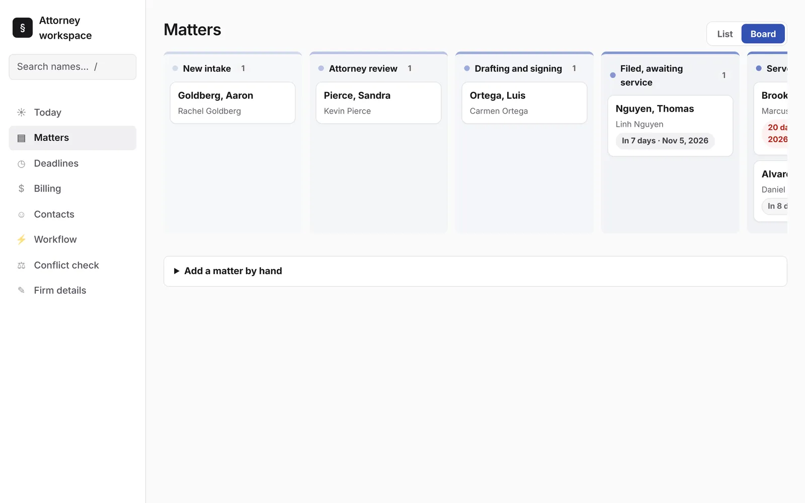 Matters board with a column for each case stage
