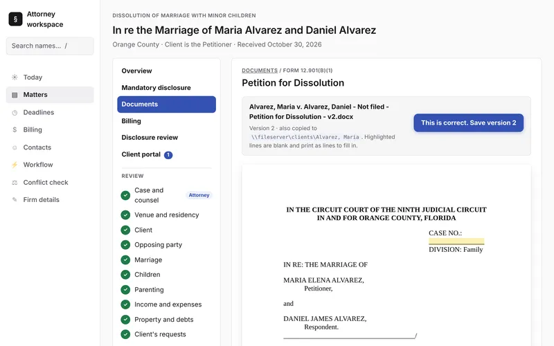On-screen preview of a generated petition with the caption filled in for fictional parties