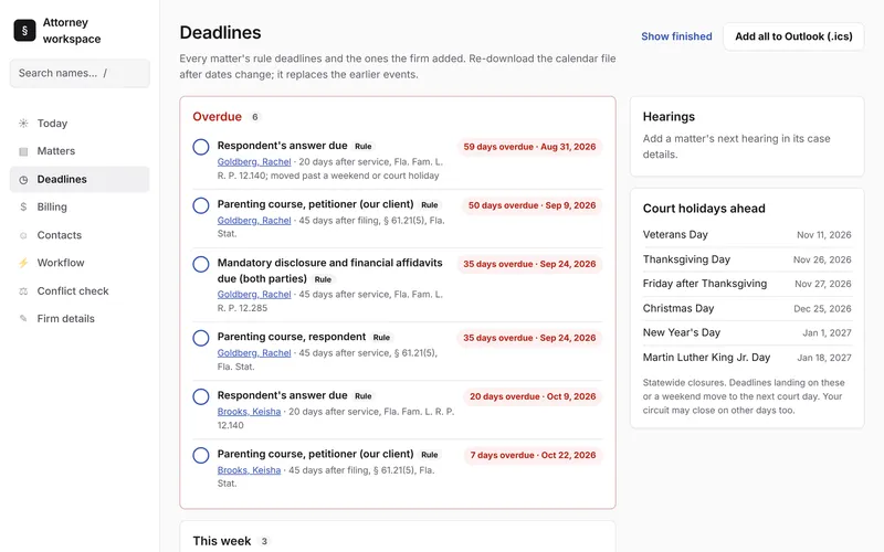 Deadlines page listing overdue rule deadlines with their rule references and upcoming court holidays